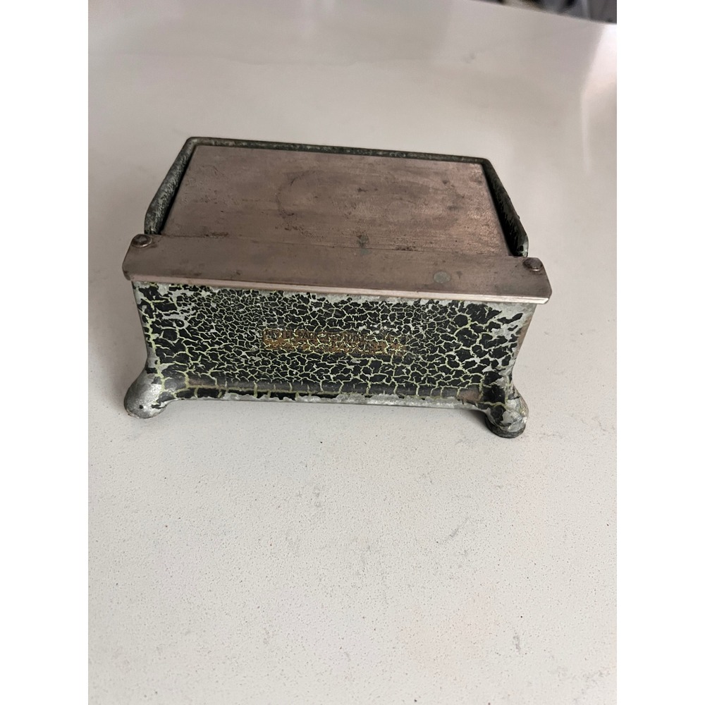 Vintage Art Deco Metal Stamp Box Green Black Crackle Finish Industrial Desk Top